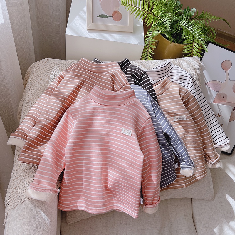 Áo thun cổ cao lót vải nhung họa tiết kẻ sọc ngang thời trang cho bé
