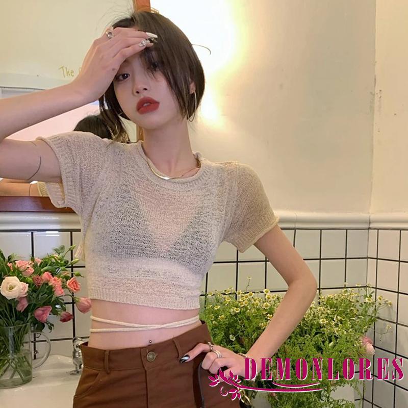Áo Croptop Dệt Kim Mỏng Tay Ngắn Cổ Tròn Màu Trơn Phối Dây Buộc Sau Lưng Thời Trang Mùa Hè Cho Nữ