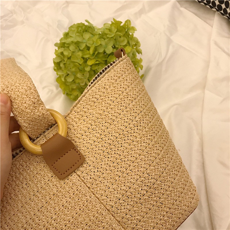 Túi cói Bằng Rơm Dệt Hình Vuông Nhỏ Có Khóa Vòng Dễ Thương