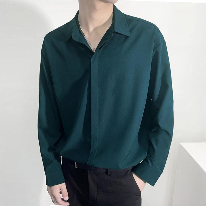 Áo Sơ Mi Xuân Hè Bằng Lụa Lạnh Cao Cấp Tay Dài Màu Xanh Lá Đậm Cài Nút Che Khuyết Điểm Không Cần Khoan Lỗ Nhẹ Phong Cách Thường Ngày Cho Nam