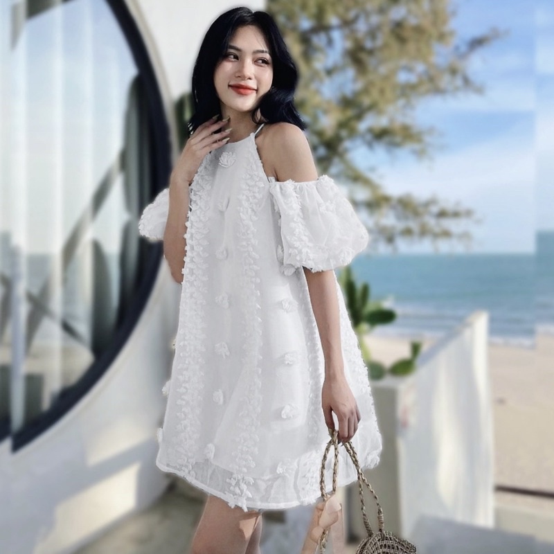 Đầm trễ vai ren hoa 2 lớp dày dặn