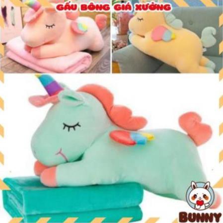 Gối Gấu bông ngựa Pony một sừng có kèm chăn 2in1 chất vải miniso siêu mềm mịn và bông PP an toàn -  𝐁𝐔𝐍𝐍𝐘