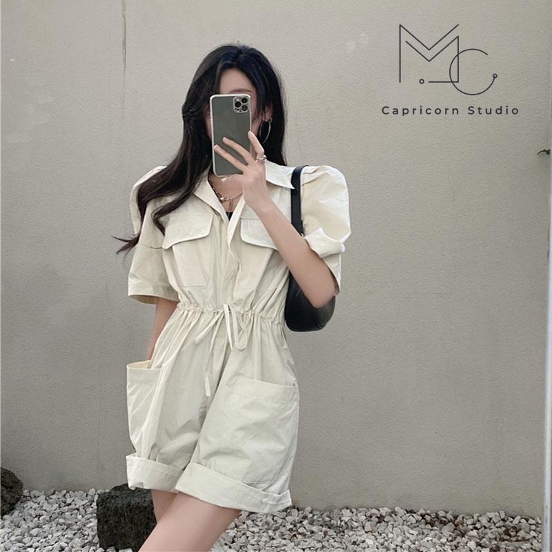 Jumpsuits cổ sơ mi tay bồng có dây rút eo cạp cao ống rộng phong cách Ulzzang Hàn Quốc thanh lịch [MinC.Studio - MCS014]