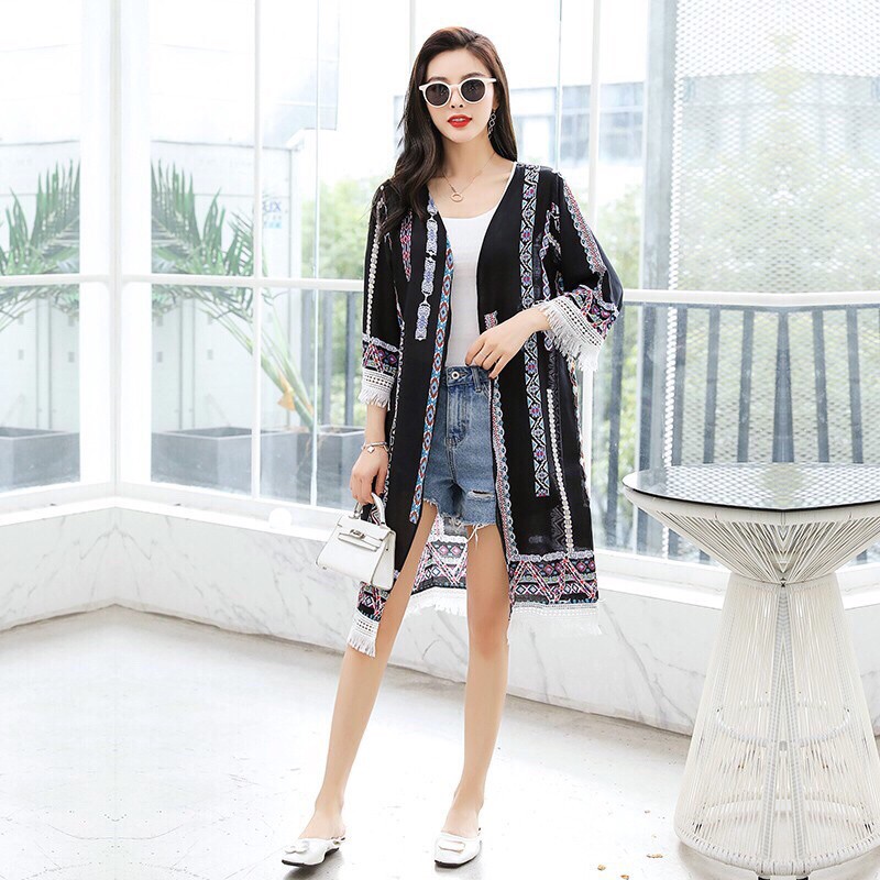 Áo Khoác Cardigan Vải Lanh Mềm Mịn Dáng Dài Hoạ Tiết Hình Học Phong Cách Bohemian - Lucky Girl shop