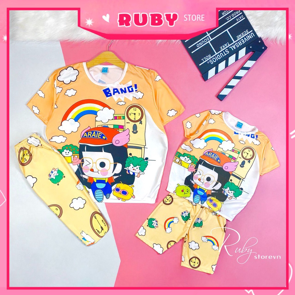 Đồ bộ thun 3D quần LỬNG cho mẹ và bé (CÓ BÁN LẺ) size đến 70kg chất thun mềm mát in hình hoạt hình DBRBL FULL SIZE