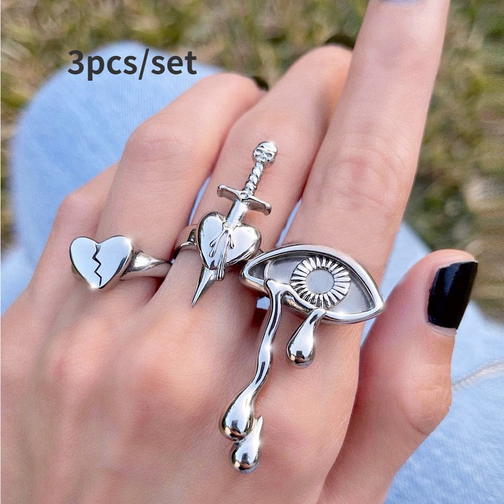 Set 3 Nhẫn Hợp Kim Bạc Hình Trái Tim Và Kiếm Thời Trang Cho Nữ