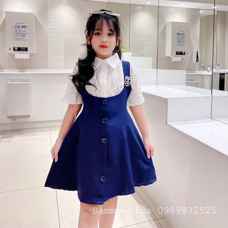 Set Yếm xoè Áo Sơmi kèm Tag Đá cao cấp cho bé gái size đại 16-41kg