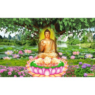 tranh phật ngồi gốc cây bồ đề 3D dán tường in Vải Lụa KT 120x80cm