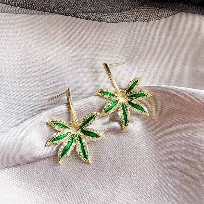 GREEN LEAF Đôi Bông Tai Mạ Bạc 925 Hình Chiếc Lá Đính Đá Thời Trang Cho Nữ