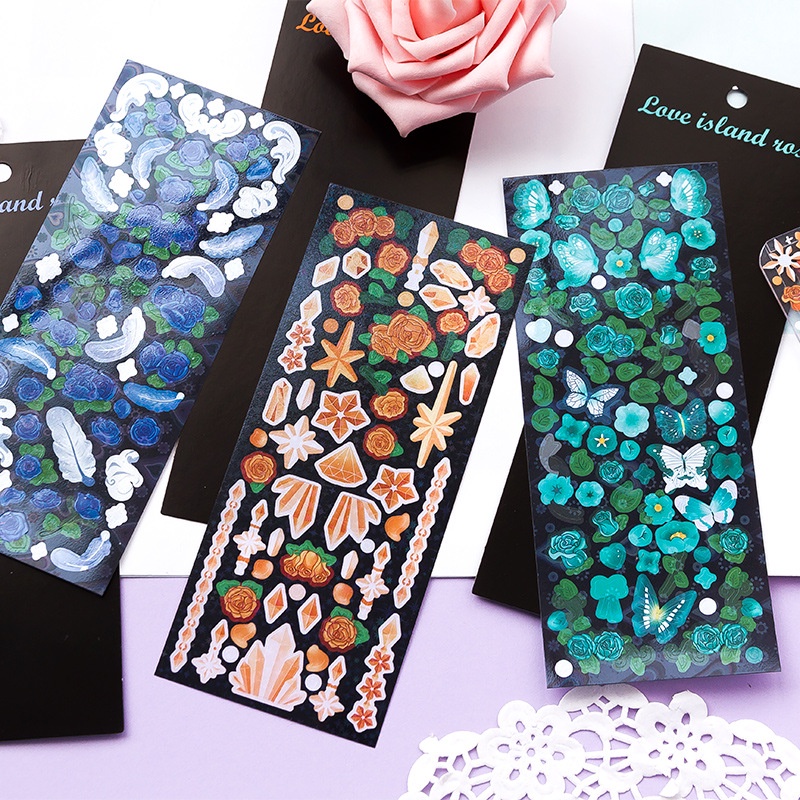 Flowertree 3 Miếng Dán Hoa Hồng Kim Cương Trang Trí Sổ Tay