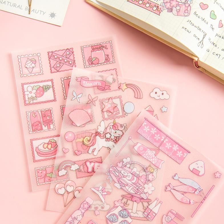 Set 4 Sticker cute hình hoạt họa màu hồng chất liệu PET trang trí văn phòng phẩm / sổ lưu niệm LYANWN
