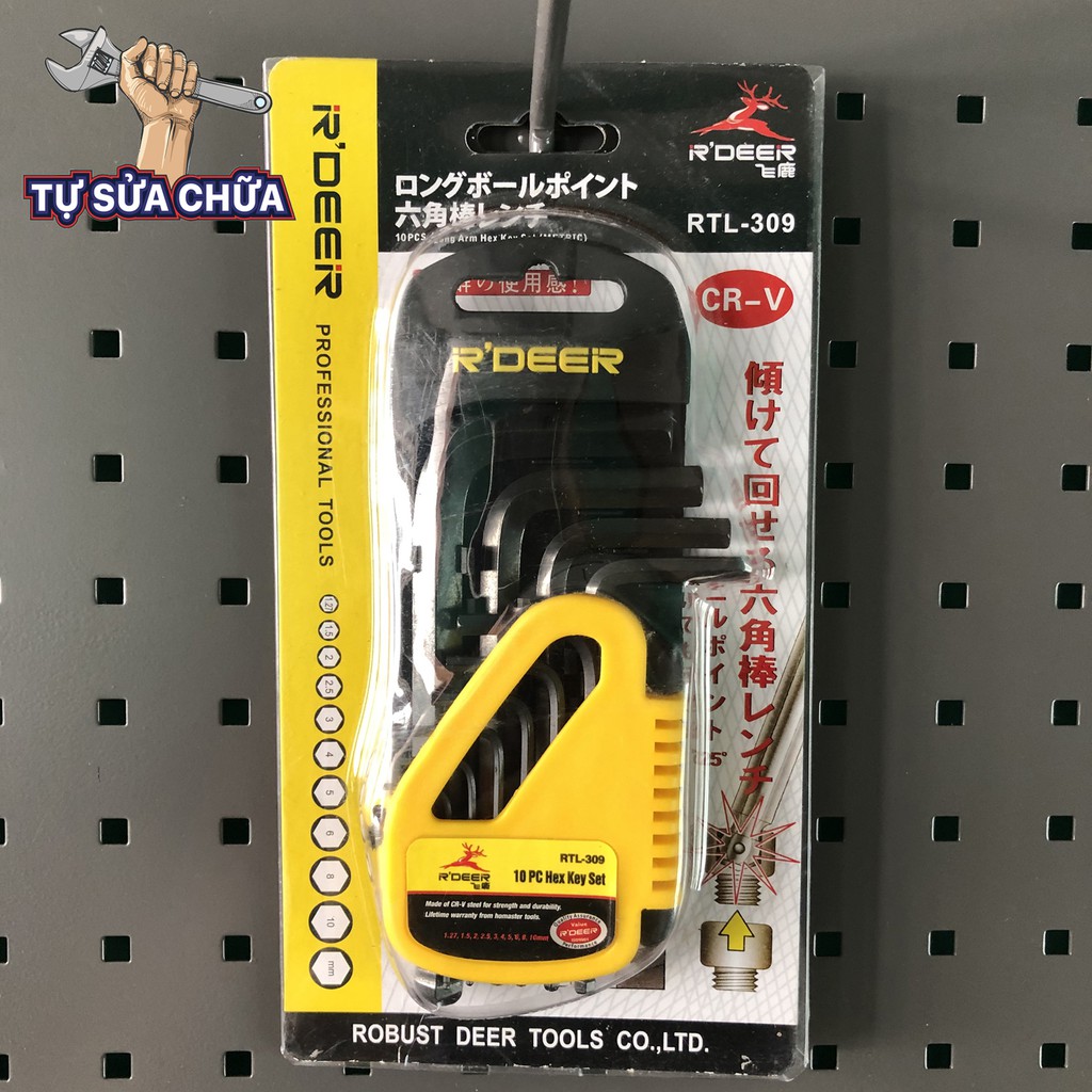 Bộ lục giác bi ngắn 10 cây từ 1.27mm đến 10mm R'Deer RTL-309 nhỏ gọn, thép đen siêu cứng dành cho thợ chuyên nghiệp