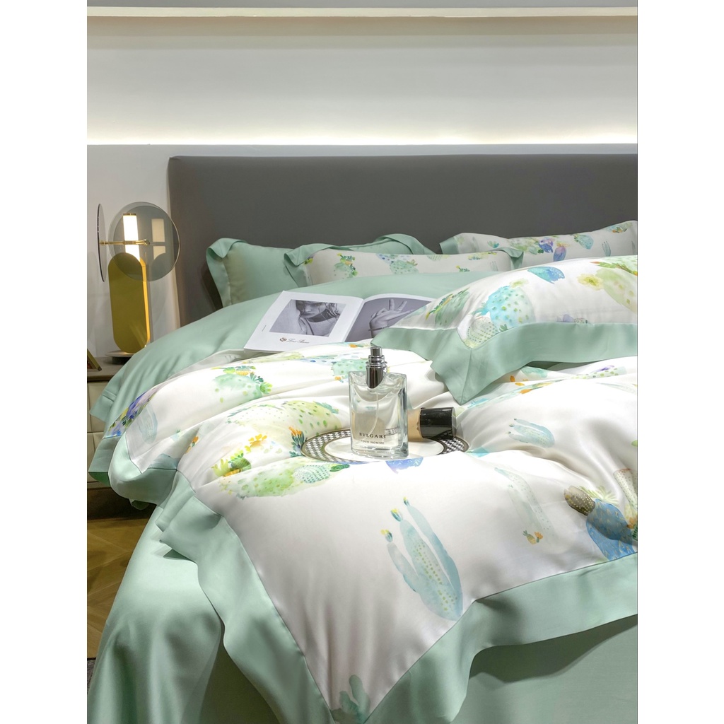 Bộ chăn ga gối 5 món 100%Tencel 60s, họa tiết Cây xương rồng màu sắc tươi sáng và sang trọng, chất liệu mềm mịn mát