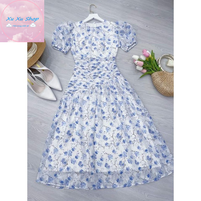 Đầm hoa nhí xếp ly eo cổ tròn - XU XU SHOP - Váy voan nữ thiết kế dáng xòe form xinh vải đẹp, may tỉ mỉ - ẢNH THẬT
