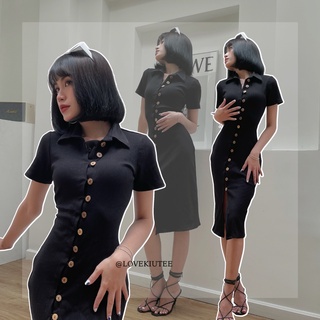 Đầm cổ có nút gỗ xéo Take Me There Ribbed Midi Dress vải thun gân danh cho nữ LOVEKIUTEE