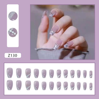 Bộ 24 móng tay giả dài tím nhạt, đính đá sang chảnh