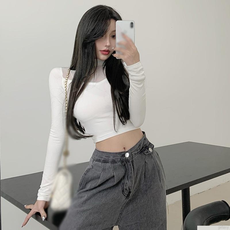 Áo thun lửng tay dài cổ lọ màu sắc trong suốt thời trang Hàn Quốc cho nữ