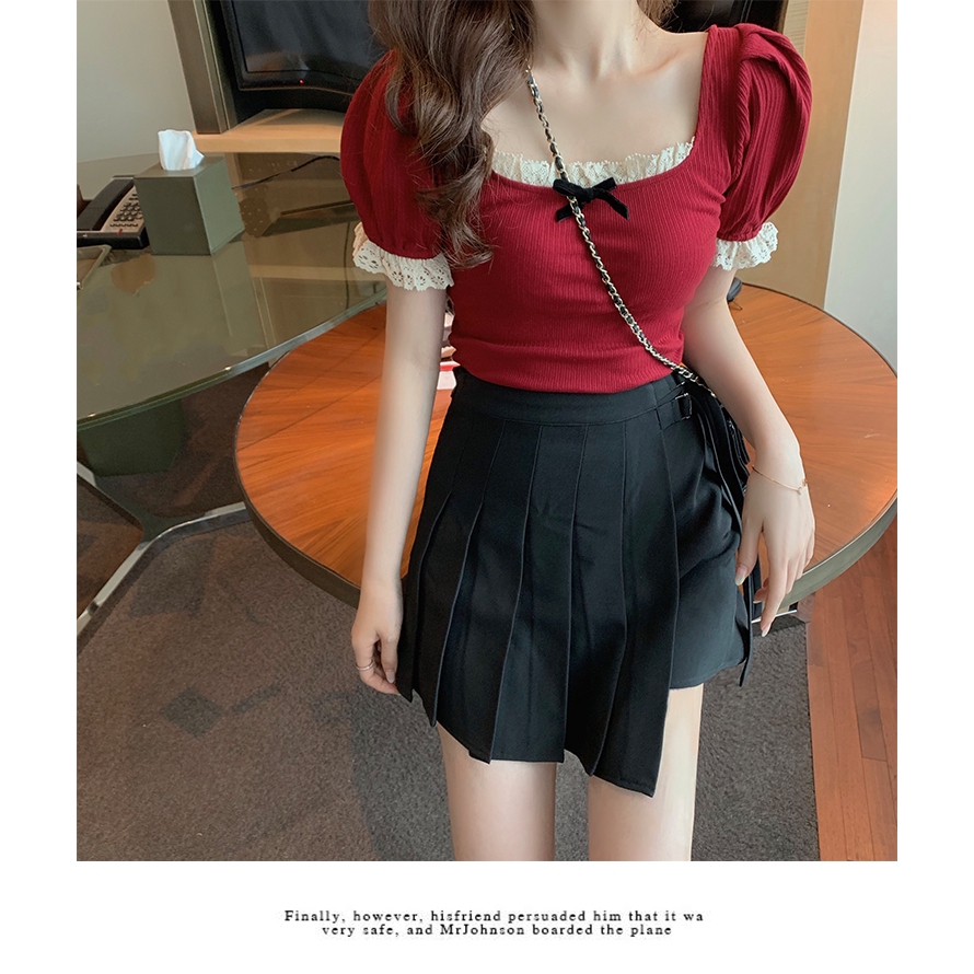 DUNEA Đầm Dệt Kim Cổ Vuông Tay Phồng Ôm Dáng Phối Dây Thắt Thanh Lịch Cho Nữ