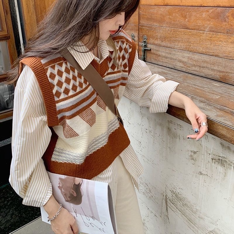 Bộ Áo Sơ Mi Tay Dài Kẻ Sọc Giả Nhiều Lớp + Áo Len Không Tay Thời Trang Mùa Thu Hàn Quốc Cho Nữ
