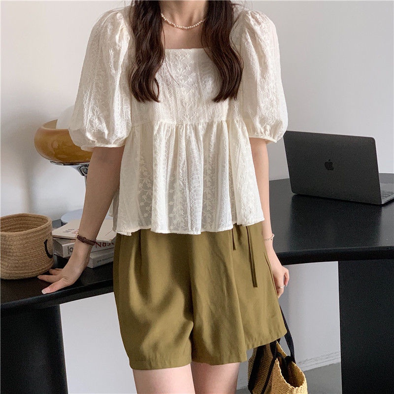 Áo Kiểu Tay Phồng Cổ Vuông Phối Ren Thời Trang Mùa Hè Xinh Xắn Cho Bé