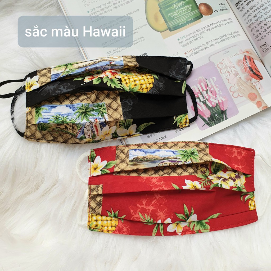 Khẩu trang nam nữ unisex vải cotton 100% Hàn Quốc xếp li hoa văn mùa hè Hawaii JM3