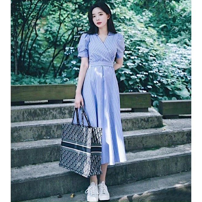Đầm váy freesize sọc xanh cổ bẻ form dài