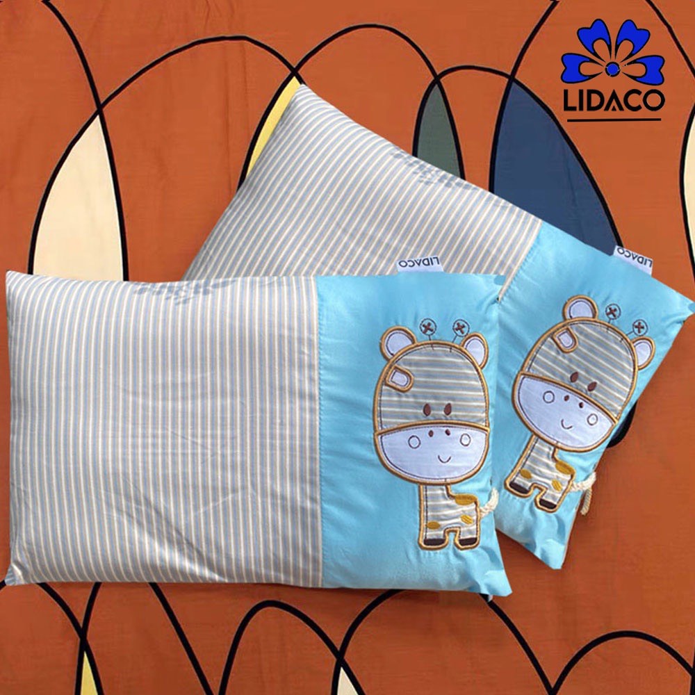Gối trẻ em Lidaco hình chú bò vải Cotton ruột bông microfiber 30x50cm trẻ từ 2-8 tuổi