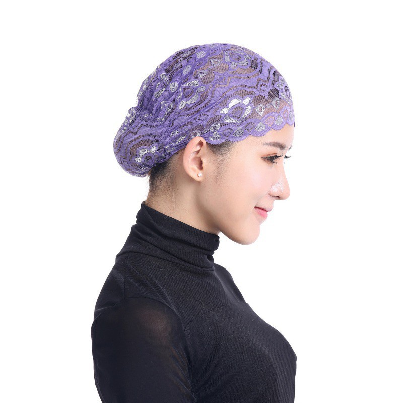 Mũ trùm đầu phối ren hoa phong cách Hồi giáo cho nữ