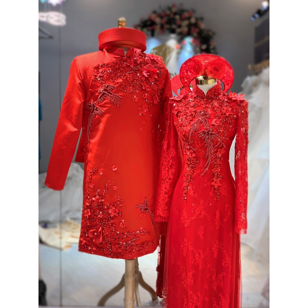 Áo Dài Cưới Cặp Cô Dâu Chú Rể May Sẵn Áo Dài Ren Chim Thiết Kế Sang Trọng