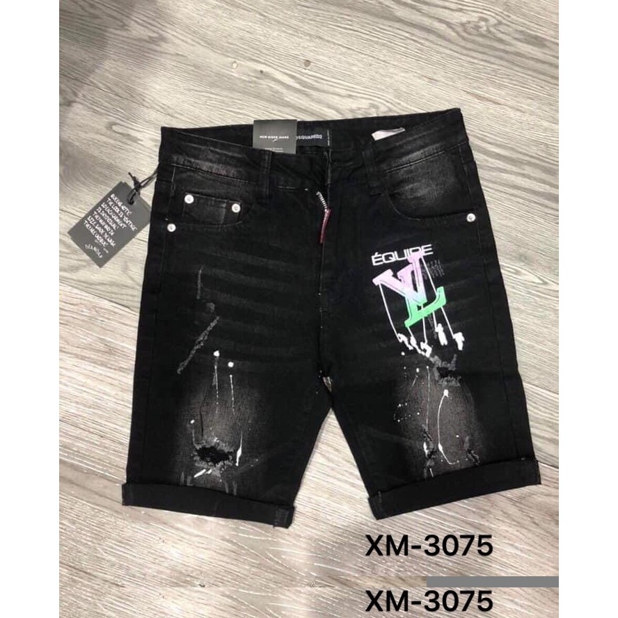 Quần short jean nam màu xám đậm in 3D vẩy sơn rách kiểu cách, chất bò co giãn dày dặn form regular 3075