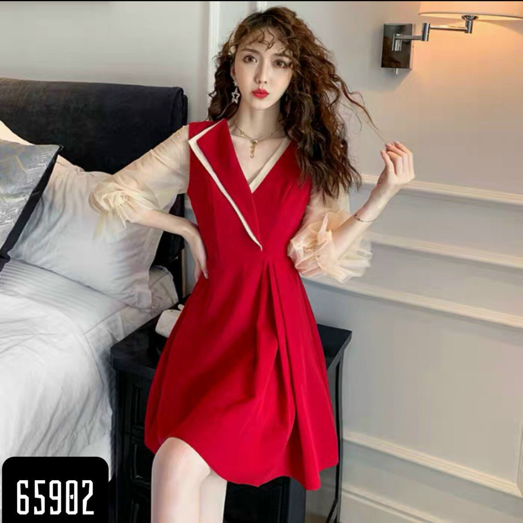 Đầm nữ dự tiệc cổ tim dài tay phối ren màu đỏ gợi cảm trẻ trung