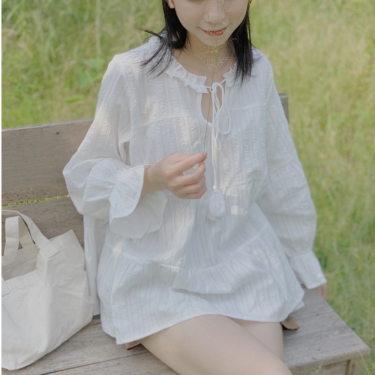 Áo babydoll 3 tầng cổ bèo buộc nơ dài tay TKA314 LOLLIE STUDIO