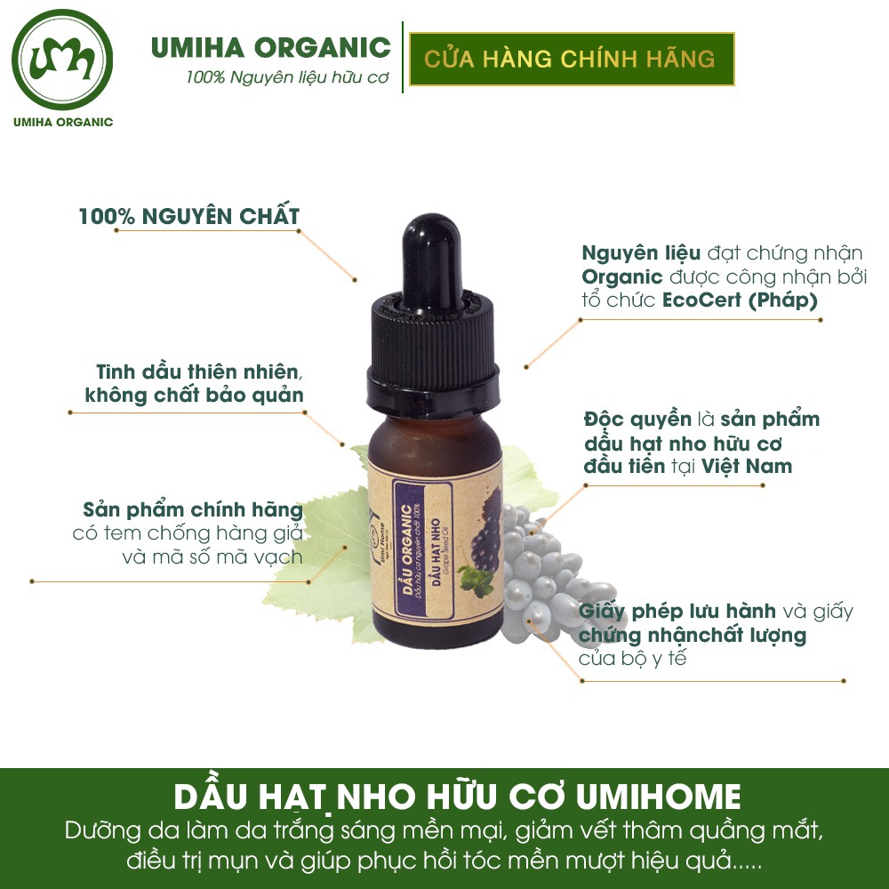 Dầu Hạt Nho hữu cơ UMIHOME nguyên chất - Dưỡng da cấp ẩm chống lão hóa và nếp nhăn, ngừa thâm mụn và giảm thâm quầng mắt | BigBuy360 - bigbuy360.vn
