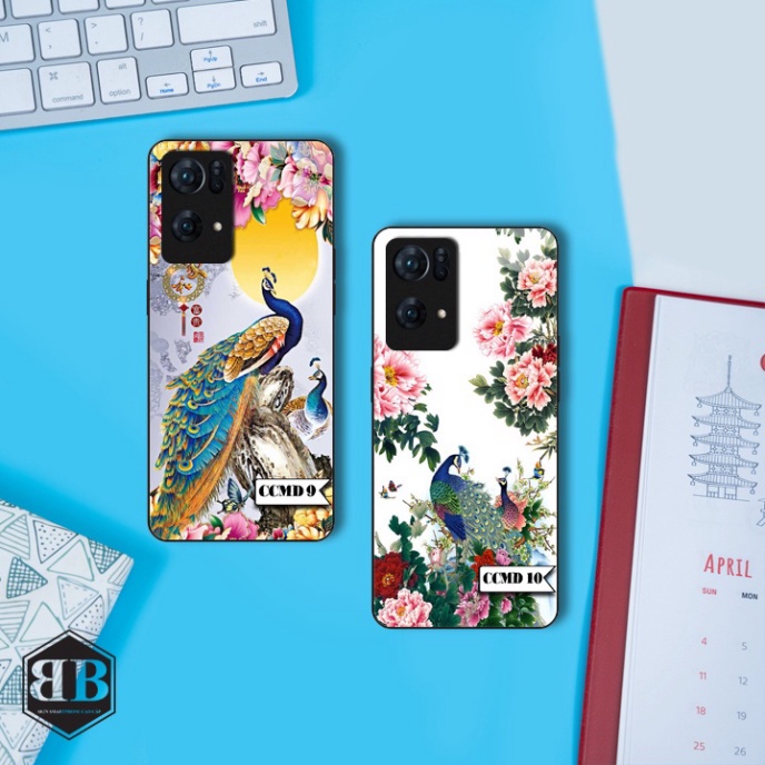 ỐP lưng kính cường lực Oppo Reno 7 Pro 5G chim công mẫu đơn