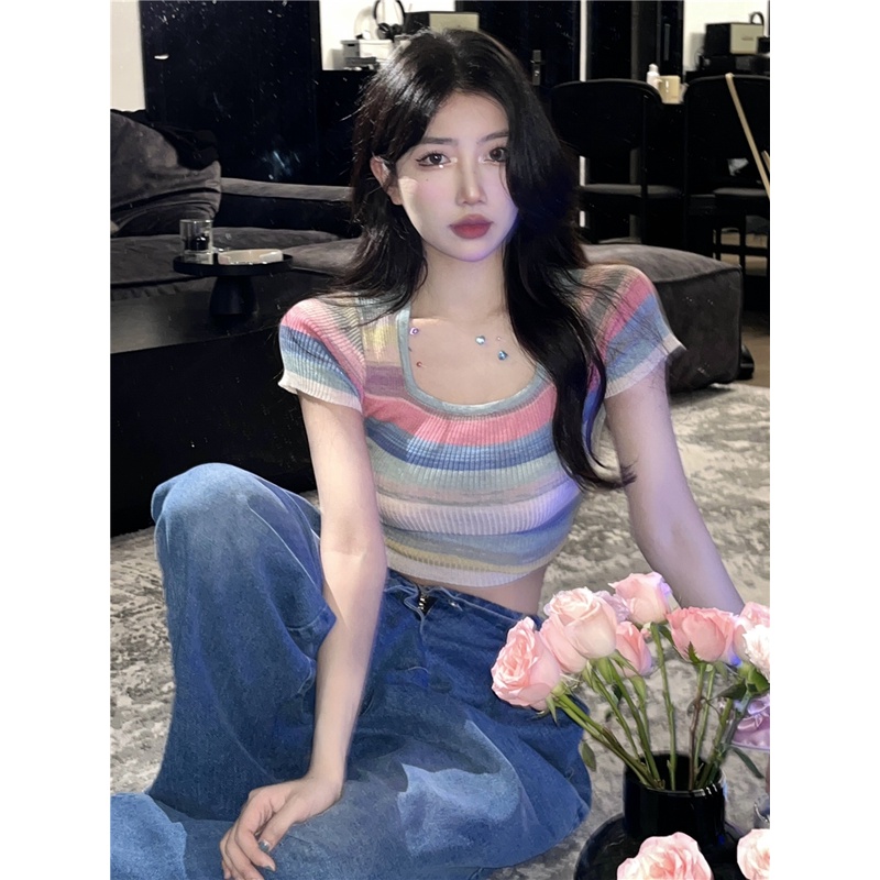 LALISAS Áo Thun Dệt Kim Cổ Vuông Họa Tiết Kẻ Sọc Thời Trang Hàn Quốc