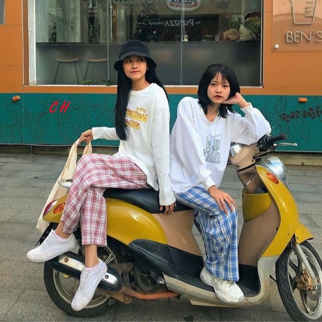 Quần kẻ đính cúc chất kẻ thô COU875