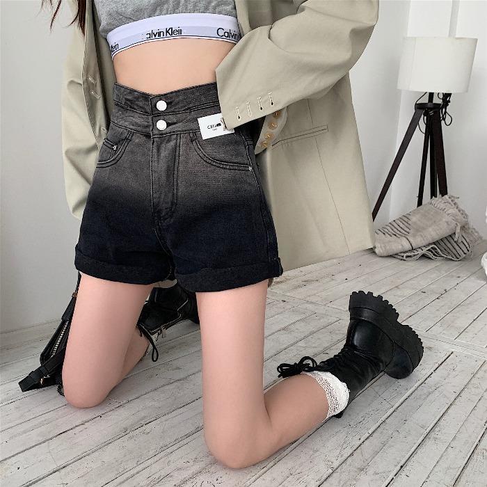 Jiashucheng Quần Short Jean Lưng Cao Dáng Rộng Màu Đen Gradient Phong Cách Hàn Quốc Cá Tính Cho Nữ