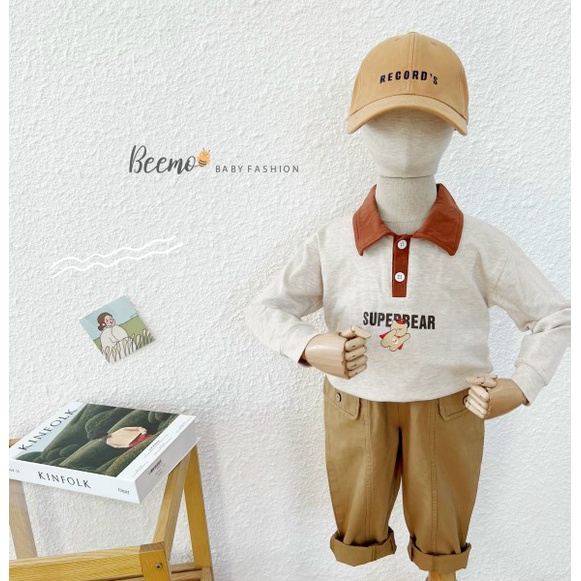 Bộ quần áo bé trai thời trang Hàn Quốc Beemo Áo dài tay polo hình gấu quần kaki đen be cho bé trẻ em - STB