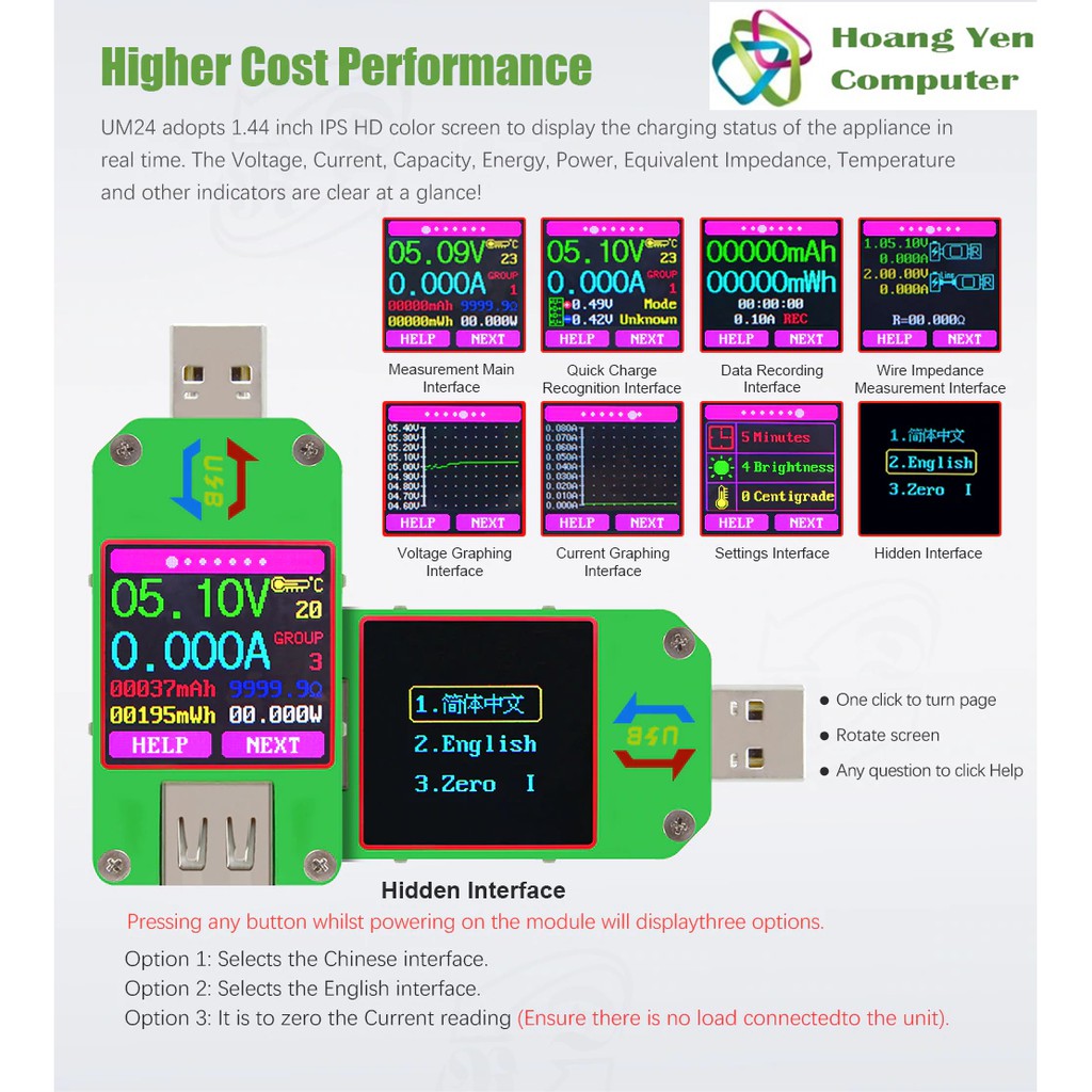 Usb Tester - Thiết Bị Đo Dòng Điện RuiDeng UM24/UM24C USB 2.0 Màn Hình Led Màu Hiển Thị - BH 3 Tháng 1 Đổi 1