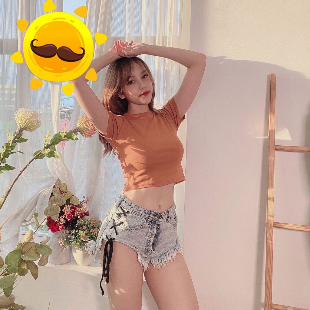 [Ảnh thật] Áo Croptop Cổ Tròn Ôm Body