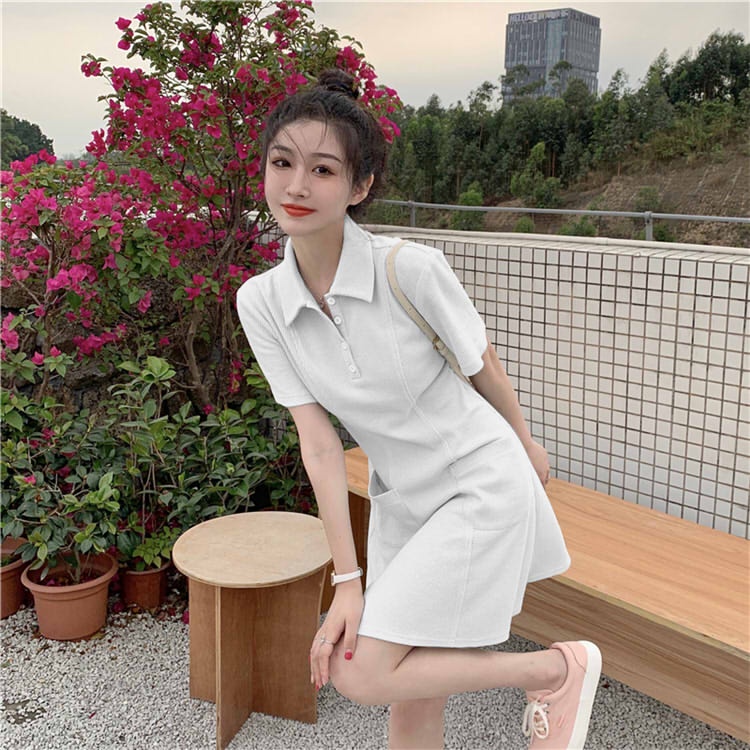 V025 Váy thun polo cộc tay dáng xòe chiết eo túi trước đen trắng hồng Đầm phông nữ ngắn tay cổ bẻ Ulzzang trẻ trung hè t