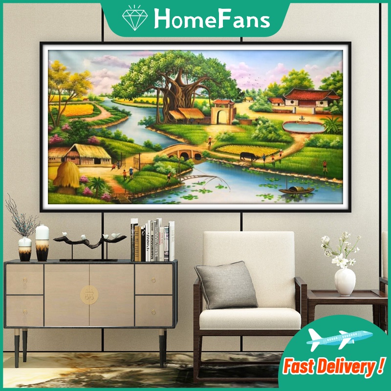 Bộ Tranh Đính Đá 5D Tự Làm Hình Phong Cảnh Làng Quê Cỡ Lớn 90x50cm