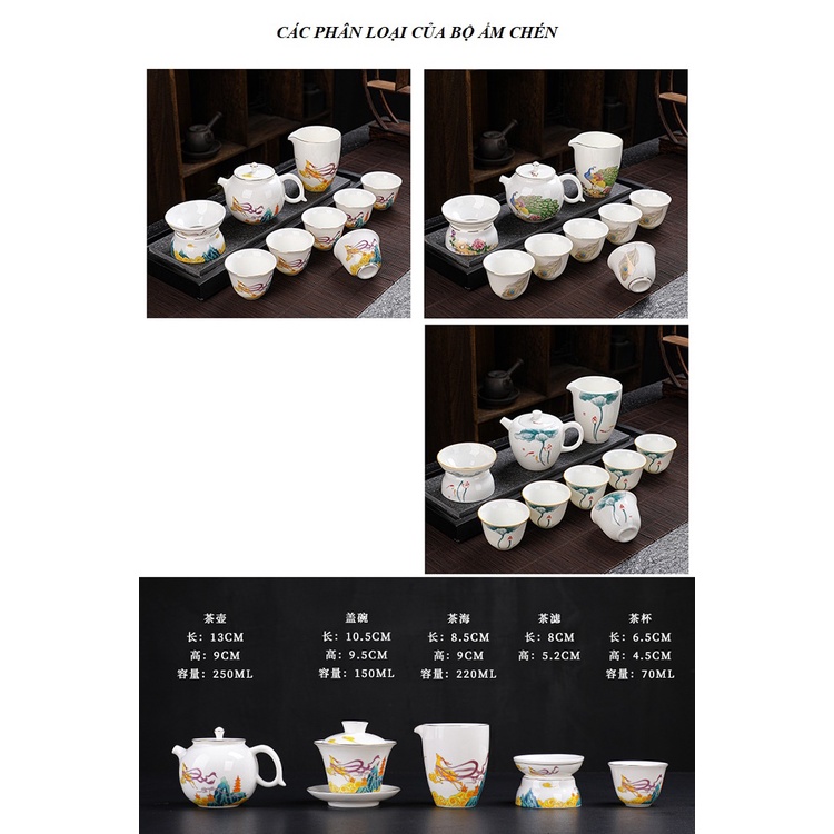 Bộ ấm chén pha trà đạo bằng sứ Bạch Định Thấu Quang
