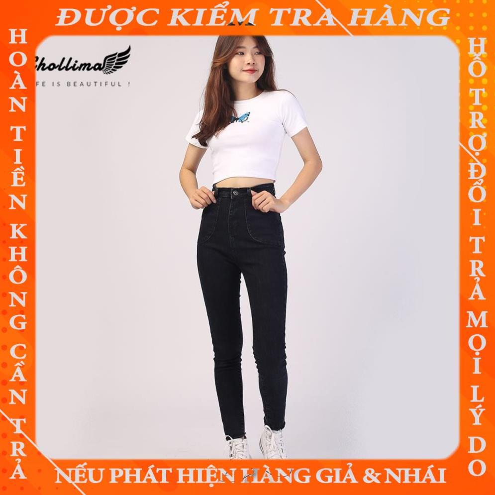 Quần jeans nữ co giãn Chollima cạp siêu cao đắp 2 túi tròn QD003 phong cách hàn quốc phamdu