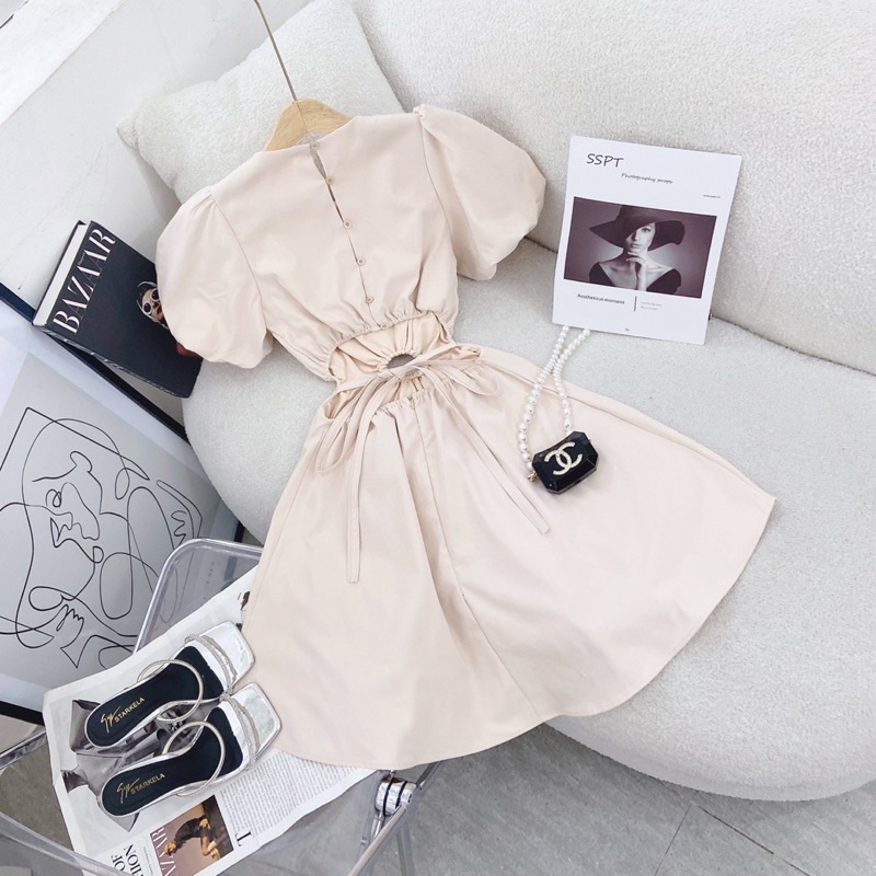 ĐẦM NUDE KHOEN BỤNG CUT OUT LƯNG TAY BỒNG