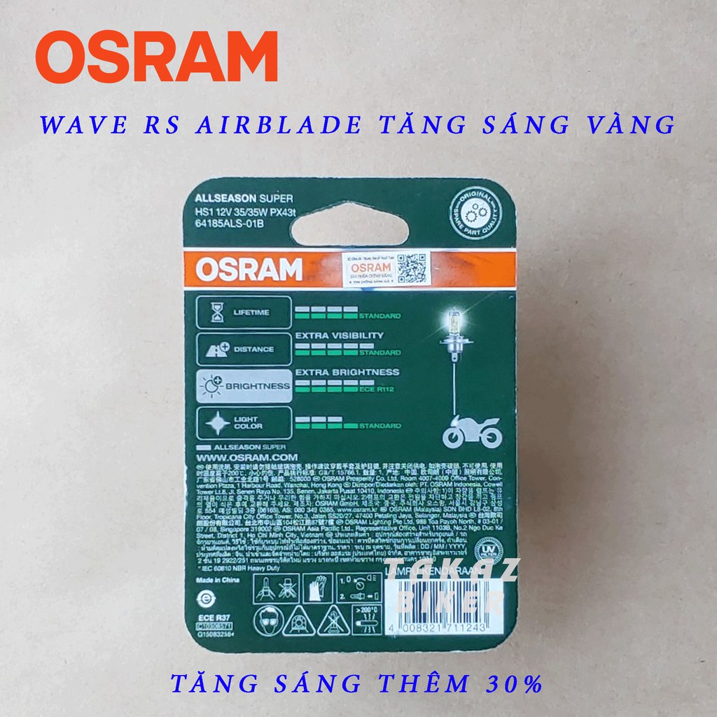 Bóng đèn HAL OSRAM HS1 Air Blade, Wave RS , Exciter , Vison tăng sáng phá sương màu vàng nắng 64185ALS-01B 35/35W 12V