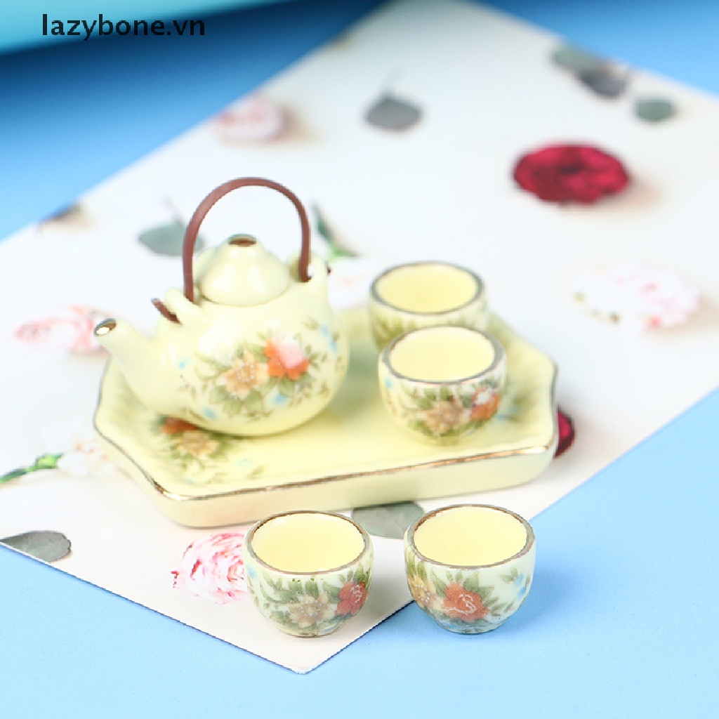 Bộ ấm trà 6 món bằng sứ tỉ lệ 1: 12 phong cách cổ điển dùng trang trí nhà búp bê