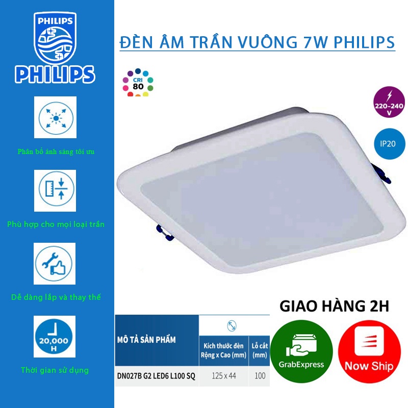 Đèn Âm Trần Vuông PHILIPS DN027B 7W - D100 - Ánh Sáng Trắng/Vàng/Trung Tính - Bảo Hành 2 Năm (1 Đổi 1)