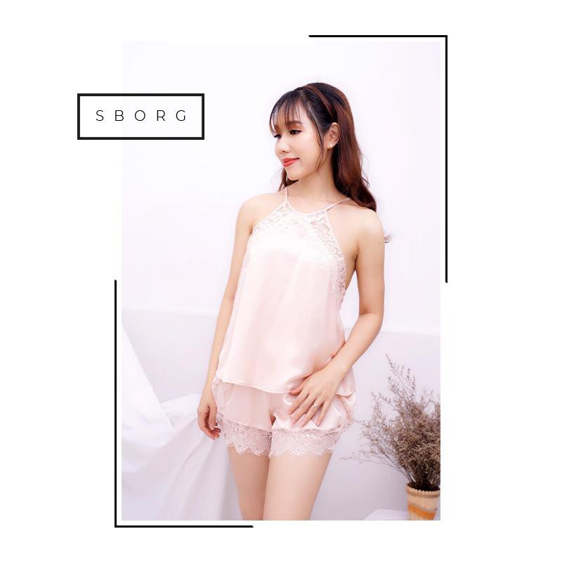 Đồ Ngủ Gợi Cảm Lụa Satin Cao Cấp 2 dây Áo Kiểu Yếm Sexy gu mac quần ngắn phối ren be sweet on QÙA TẶNG VỢ | BigBuy360 - bigbuy360.vn
