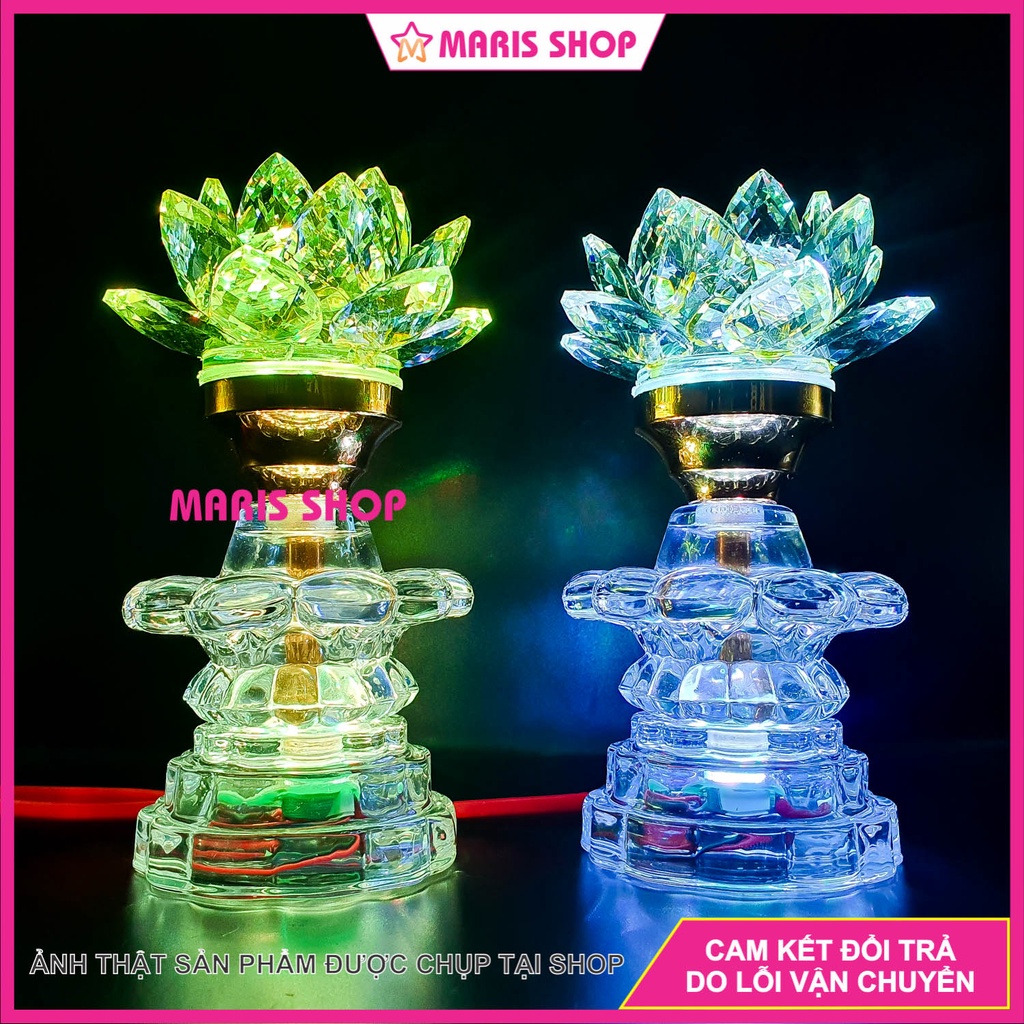 Đèn Hoa Sen PHA LÊ Nguyên Khối Cao 17cm LED Đổi Màu Để Bàn Thờ Phật, Gia Tiên, Đèn Thờ Cúng Đẹp